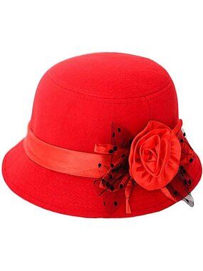 Women's Red Vintage Felt Cloche inter Floral Fedora Imported Bucket Hat